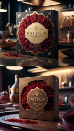 the saffron label is displayed in front of some plates and bowls with sauces on them