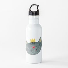 a water bottle with a cat wearing a crown