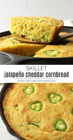 skillet with jalapeno cheddar cornbread in it and on the side