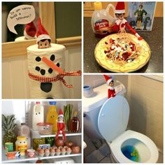 several pictures of elfs in the bathroom, including toilet paper and other items that are on shelves