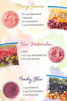 a menu with different types of fruits and vegetables on it, including bananas, kiwi, watermelon, rasp blueberries, peaches