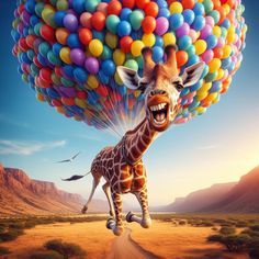 a giraffe with balloons on its head is flying in the air over a dirt road