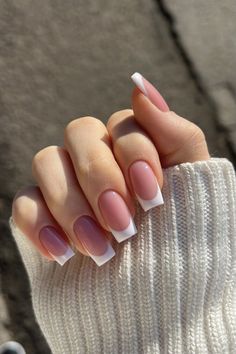 Acrylic Square Nails French Tip, French Nails Pink Base, Milly White Nails, Pinky Nude Nails, Classic Acrylics, Short Frenchies, French Tip Nails Acrylic, Long Nail Designs