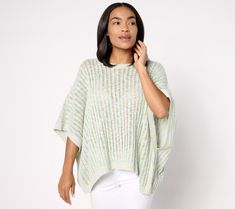 Look smart and sophisticated while also exuding comfort and confidence in this open-stitch poncho. Dress it up or down depending on your choice of accessories. From LOGO by Lori Goldstein®. Oversized Batwing Sleeve Poncho For Spring, Trendy One-size Poncho For Spring, Casual Batwing Sleeve Poncho For Spring, Casual Poncho For Spring Loungewear, Casual Spring Poncho For Loungewear, Spring Vacation Knit Poncho, Spring Loungewear Poncho With Batwing Sleeves, Oversized Spring Poncho For Loungewear, Spring Chic Poncho With Batwing Sleeves