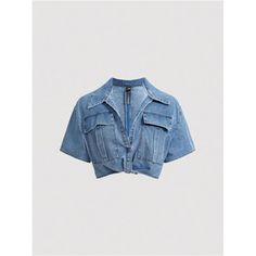 -Item Id 27317220 -Details: Button, Pocket, Zipper -Neckline: Collar -Placket: Single Breasted -Sleeve Type: Regular Sleeve -Style: Casual -Type: Shirt -Color: Blue -Pattern Type: Plain -Sleeve Length: Short Sleeve -Fit Type: Loose -Length: Crop -Material: Denim -Composition: 75% Cotton, 19% Polyester, 6% Viscose -Care Instructions: Machine Wash, Do Not Dry Clean -Sheer: No -Fabric: Non-Stretch -Body: Unlined -Temperature: Spring/Fall (18-25/63-77) **Open To Offers!!!** **Bundle To Save More** * Cropped Denim Top With Button Closure, Cropped Denim Top With Buttons, Cropped Denim Top For Workwear, Cropped Denim Blue Top With Button Closure, Casual Cropped Denim Top With Buttons, Side Tie Shirt, Tie Front Cardigan, Red Fits, Crochet Shirt