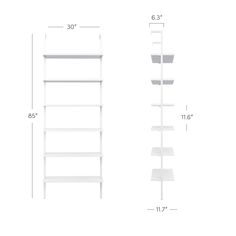 a white shelf with three shelves on each side and measurements for the height of it