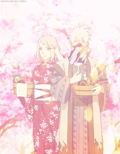 two anime characters standing next to each other in front of trees with pink flowers on them