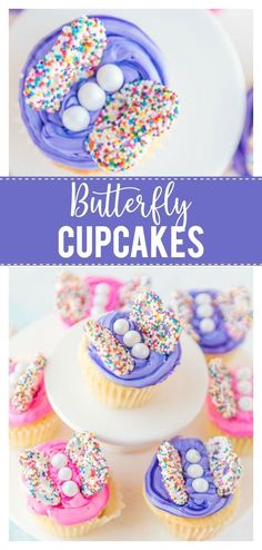 some cupcakes with sprinkles on them and the words butterfly cupcakes