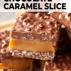 chocolate caramel slice stacked on top of each other with text overlay that reads, chokto chocolate caramel slice