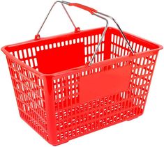 a red shopping basket with handles on a white background