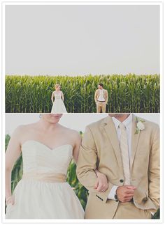 a man and woman standing next to each other in front of a field with corn