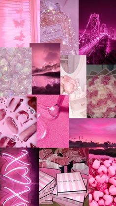 pink and purple collage with lots of different things in the background, including hearts