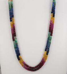 "Adjustable multi rainbow rondelle faceted necklace multi strand 2 layer faceted bead Jewelry Beaded Necklaces Adjustable Sapphire Necklace Product Details : Name : Multi Rainbow BEADED NECKLACE Gemstone Name : Ruby, Emerald, Sapphire Chain Style : BEADED Beads Shape : FACETED Rondelle Beads Size : 5-6 mm Approx. Length : 19\" Inch Approx. Weight : 315 Cts. Customization : **Available** Please Feel Free To Contact If You Have Any Query." Ruby Necklace Designs, Ruby Jewelry Necklaces, Beautiful Diamond Necklace, Multi Strand Beaded Necklace, Gold Mangalsutra Designs, Diamond Necklace Designs, Long Statement Necklace, Beaded Necklace Designs, Mexican Jewelry