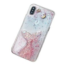 an iphone case with a pink mermaid tail and crescent moon on the back, sitting in front of a white background