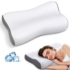 a woman laying on top of a pillow next to an ice pack