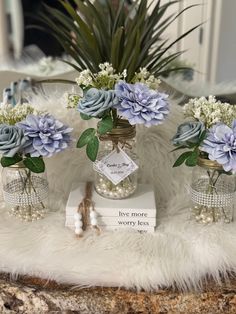 three mason jars with blue flowers are sitting on a white furnishing area next to a plant