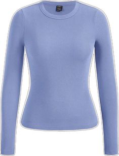 Light Blue Stretch Tops With Solid Color, Fitted Blue Ribbed T-shirt, Trendy Blue Ribbed T-shirt, Fitted Long Sleeve Ribbed T-shirt, Fitted Ribbed Long Sleeve T-shirt, Light Blue Long Sleeve Solid Top, Light Blue Long Sleeve Solid Color Top, Light Blue Stretch Basic Top, Long Sleeve T-shirt With Ribbed Neckline