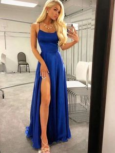 Sheath/Column Ruched Spaghetti Straps Sweep/Brush Train Sleeveless Wedding Dresses at Hebeos Split Prom Dresses, Prom Dresses Elegant, Royal Blue Prom Dresses, Spaghetti Strap Prom Dress, Chique Outfits, Cheap Evening Dresses, Cute Prom Dresses, A Line Prom Dresses, فستان سهرة