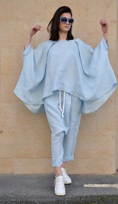 Blue Linen Tunic, Loose Top Tunic, Long Linen Tunic, Oversized Tunic, Linen Maxi Top, PLus size Linen Tunic ✿ BLUE tunic. White 100% LINEN top. Casual linen tunic, Handmade loose top. Maxi linen top. BLUE ORGANIC oversize long shirt. This high-low Tunic is 100% linen fabric. Excellent style for a Blue Lagenlook Tops With Relaxed Fit, Blue Spring Tunic For Loungewear, Spring Lagenlook Tunic With Batwing Sleeves, Blue Lagenlook Blouse For Summer, Oversized Blue Tunic For Spring, Blue Oversized Poncho For Spring, Blue Oversized Long Sleeve Tunic, Oversized Blue Poncho For Spring, Blue Oversized Casual Tunic