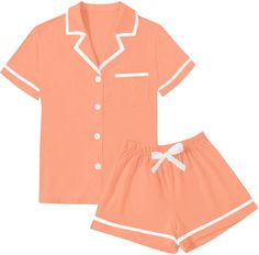 PRICES MAY VARY. Two piece sleepwear set feature with button down shirt and a pair of elastic waist shorts. High quality fabric, soft and comfy to wear. Notch neck button front shirt top with a chest pocket, elastic waistband shorts with tie bow decoration. Summer V neck shorts lounge set for women and girls. Contrast solid color, piping binding trim design, cute and elegant loungwear set. Relaxed fit and cozy style that you can style from day to night. Notch collar pajamas set suitable for slee Cotton Pajama Set Women, Cotton Pajamas Women, Trim Design, Cute Pjs, Cotton Pajamas, Cozy Style, Cotton Pajama Sets, Tie Bow, Sleepwear Sets