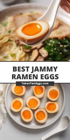 the best jammy ramen eggs recipe on a plate with chopsticks and spoon