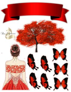 a woman in a red dress standing next to a tree with butterflies on it and a ribbon around her neck