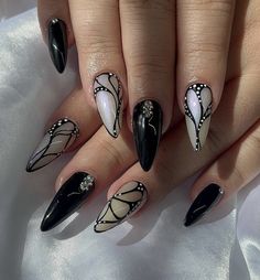 Black And White Nails, Butterfly Nail Designs, Long Nail Designs, Geometric Nail, Black Nail Designs, White Nail, Butterfly Nail, Prom Nails, Luxury Nails