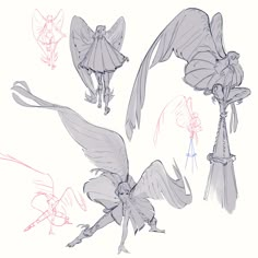 some sketches of different types of wings and poses for the character in this video game