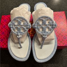 Brand New Never Worn Rhinestones Size 10 Designer Rhinestone Sandals For Summer, Luxury Embellished Synthetic Sandals, Designer Round Toe Sandals With Rhinestones, Designer Sandals With Rhinestones And Round Toe, Designer Rhinestone Sandals With Round Toe, Tory Burch Slides, Tory Burch Sandals, Silver Sandals, Girly Shoes