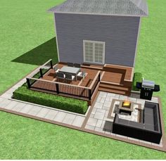 a 3d image of a backyard with patio furniture and fire pit in the foreground