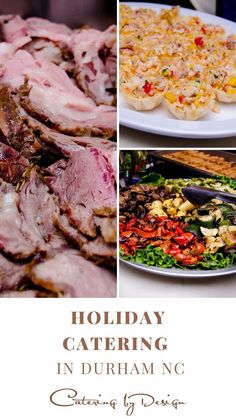 a collage of photos with different food items including meats, salads and pizza