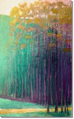 an abstract painting of trees in the woods