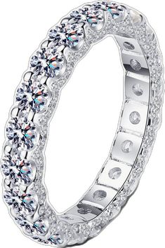 a white gold ring with rows of round cut diamonds on the inside and outside of it