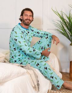 #color_dinosaur-volcano-blue Mens Christmas Pajamas, Dinosaur Pajamas, Animal Pajamas, Blue Dinosaur, Matching Robes, Cotton Pajamas, Matching Family Pajamas, Pajama Pant, Mens Plaid