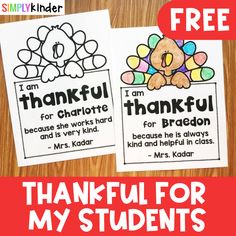 two printable thanksgiving cards with the words, i am grateful and thank for my students