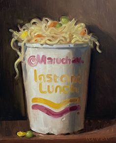 an oil painting of a bucket of noodles with the words instant lunch written on it