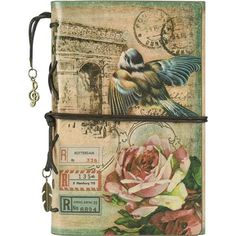 an old book with a bird and roses on the front cover is attached to a lanyard