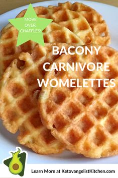 three bacon carnivor waffles on a white plate with text overlay