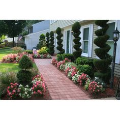 a brick walkway between two houses with flowers in the foreground and bushes on either side