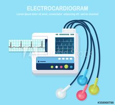 an electronic device with electrodes and blood pressure meter on blue background, flat style