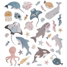 an assortment of sea animals and marine life stickers on a white background with stars