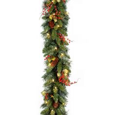 a christmas garland with pine cones, berries and lights hanging from it's side