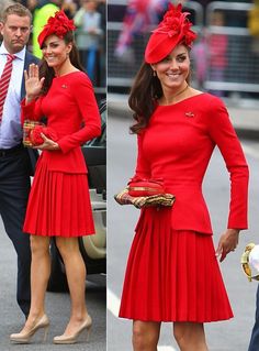 two pictures of the same woman in red dress and hat, one is waving to someone