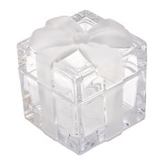 a clear glass box with white bows on the top and bottom, sitting in front of a white background