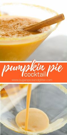 the pumpkin pie cocktail is served in a coupe glass with a cinnamon stick sticking out of it