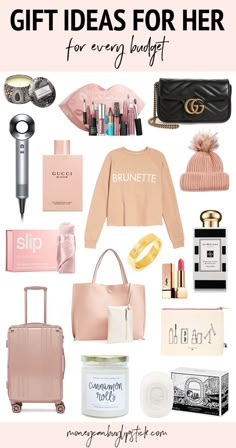 the gift guide for her is full of pink and gold accessories, including a handbag,