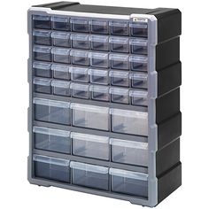 the plastic storage bins are stacked on top of each other