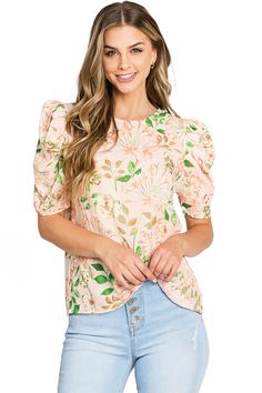 Light, chiffon blouse with a whimsical, floral print. Round neckline with a relax fit and a puff shoulder, short sleeve. Chic and effortless top, looks great paired with denim. CARE | Dry Clean or Hand Wash Cold CONTENTS | 100% Polyester MEASUREMENTS | 25"/63 cm Shoulder to Hem (Size Small) MODEL | 5'8 - wearing a size Small IMPORTED Summer Puff Sleeve Top With Short Sleeves, Printed Short Sleeve Tops For Brunch, Spring Short Sleeve Tops For Brunch, Short Sleeve Tops For Spring Brunch, Feminine Puff Sleeve Top For Summer, Trendy Puff Sleeve Short Sleeve Top For Summer, Trendy Puff Sleeve Top For Summer, Feminine Puff Sleeve Top For Day Out, Trendy Puff Sleeve Top For Brunch