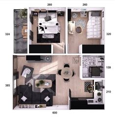 two bedroom apartment floor plan with living room, dining room and kitchen area in the top view