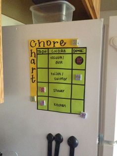 a refrigerator with magnets attached to it and a sign on the door that says chores